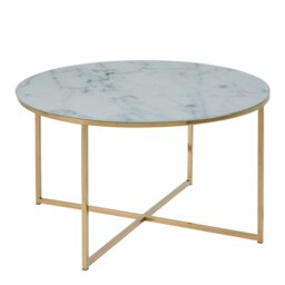 Rackhams Alisma Round Coffee Table with White Marble Effect Glass Top & Gold Legs - 1 - White and Gold - White - thumbnail 2