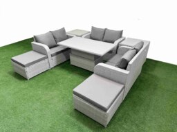 Rackhams 8 Seater Rattan Outdoor Sofa Set - Light Grey PE Wicker with Adjustable Lifting Dining/Coffee Table, 2 Seater Love Sofa & 2 Footstools - thumbnail 2