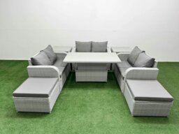 Rackhams 8 Seater Rattan Outdoor Sofa Set - Light Grey PE Wicker with Adjustable Lifting Dining/Coffee Table, 2 Seater Love Sofa & 2 Footstools - thumbnail 1