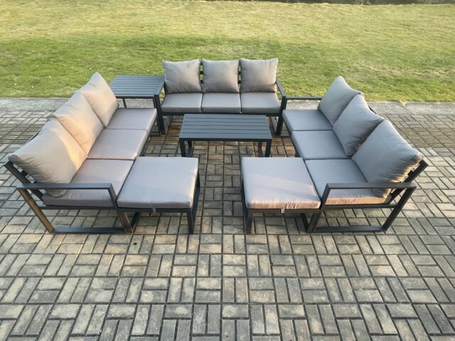 Rackhams Aluminium Outdoor Garden Furniture Set Lounge Sofa Oblong Coffee Table 2 PC Big Footstool Side Table Sets with Cushions Dark Grey 11 Seater - image 1