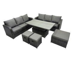 Rackhams Rattan Garden Furniture Dining Set 9 seater Patio Height Adjustable Rising Lifting Table Sofa Set with 3 Footstools Dark Grey Mixed - thumbnail 2