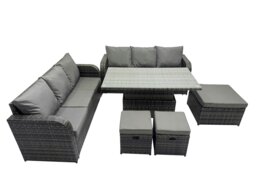Rackhams Rattan Garden Furniture Dining Set 9 seater Patio Height Adjustable Rising Lifting Table Sofa Set with 3 Footstools Dark Grey Mixed - thumbnail 1