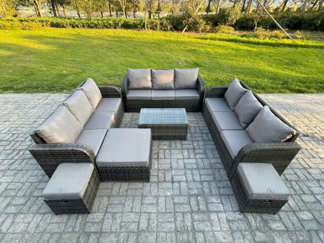Rackhams Rattan Lounge Sofa Set 12 Seater Outdoor Garden Furniture Set with Rectangular Coffee Table 3 Seater Sofa 3 Footstools Dark Grey Mixed - image 1