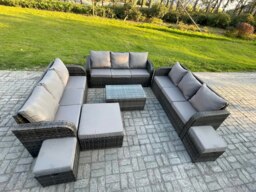 Rackhams Rattan Lounge Sofa Set 12 Seater Outdoor Garden Furniture Set with Rectangular Coffee Table 3 Seater Sofa 3 Footstools Dark Grey Mixed - thumbnail 2