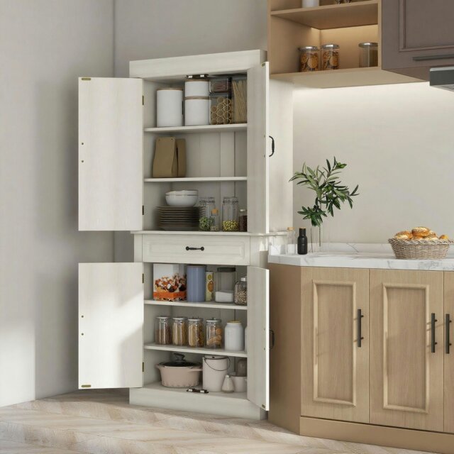 Rackhams 180cm Kitchen Pantry Storage Cabinet Server Food Organizer, White - White - image 1