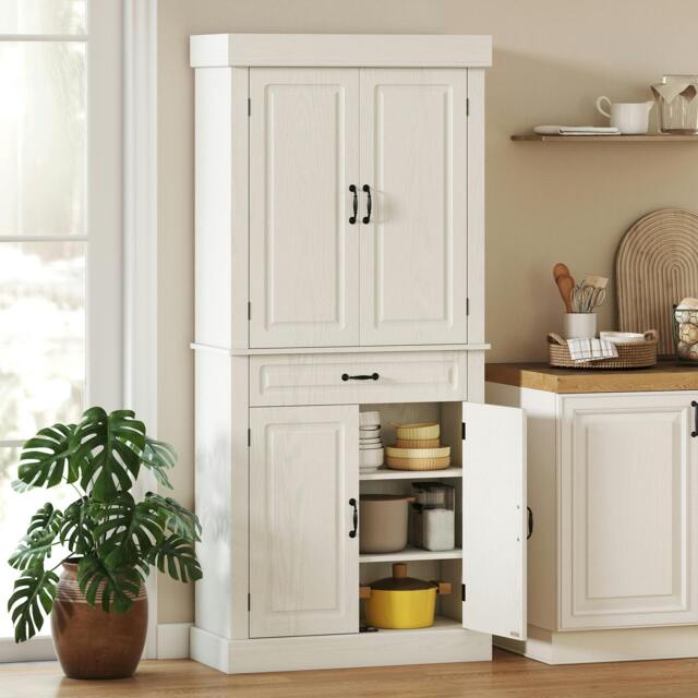 Rackhams 180cm Kitchen Pantry Storage Cabinet Server Food Organizer, White - image 1