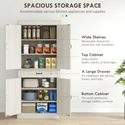 Rackhams 180cm Kitchen Pantry Storage Cabinet Server Food Organizer, White - White - thumbnail 5