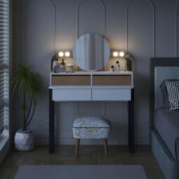 Rackhams Lora Dressing Table 4-Led Lights Make-up Table Mirror 96x132cm 2-Drawer Soft-Close Storage Bedroom,Backstage - Oak-White - thumbnail 6