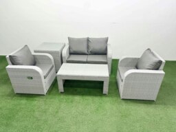 Rackhams Light Grey PE Wicker Rattan Garden Furniture Set Sofa Set Reclining Adjustable Chair Oblong Coffee Table 4 Seater With Side Table - thumbnail 1