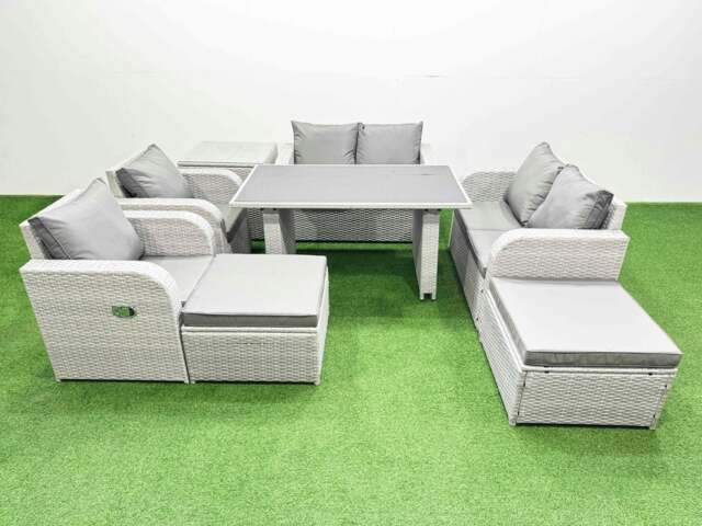 Rackhams 8 Pieces Outdoor PE Rattan Sofa Reclining Chair Set Patio Garden Furniture Sets with Cushions Side Table 2 Big Stools Light Grey - image 1