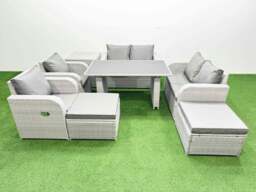 Rackhams 8 Pieces Outdoor PE Rattan Sofa Reclining Chair Set Patio Garden Furniture Sets with Cushions Side Table 2 Big Stools Light Grey