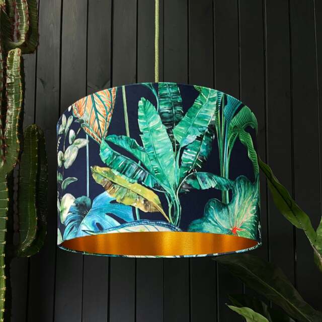 "Rackhams Rainforest Velvet Lampshade With Gold Lining - Ceiling Pendant / Arc Lamp - 35cm Diameter x 25cm Height (14"" x 10"")" - image 1