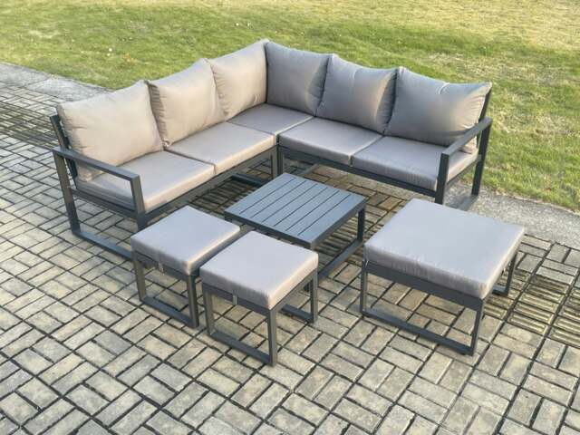 Rackhams Outdoor Garden Furniture Set Aluminium Lounge Sofa Square Coffee Table Sets with 3 Footstools Indoor Conservatory Set Dark Grey