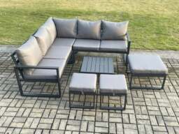 Rackhams Outdoor Garden Furniture Set Aluminium Lounge Sofa Square Coffee Table Sets with 3 Footstools Indoor Conservatory Set Dark Grey - thumbnail 2