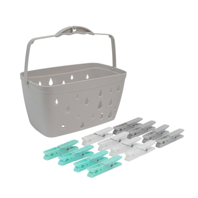 Rackhams Plastic Peg Basket, Grey with 100 Strong Hold Plastic Pegs, Aqua - image 1