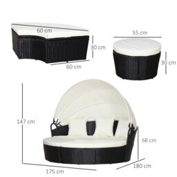Rackhams 5 PCs Cushioned Outdoor Plastic Rattan Round Sofa Bed Table Set Black - Black - PE rattan, Metal - 180cmx175cmx147cm - thumbnail 5
