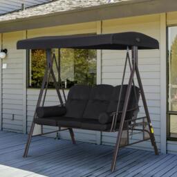 Rackhams 3 Seat Garden Swing Chair Patio Steel Swing Bench w/ Cup Trays Beige - thumbnail 1
