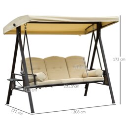 Rackhams 3 Seat Garden Swing Chair Patio Steel Swing Bench w/ Cup Trays Beige - thumbnail 6