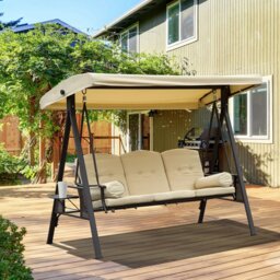 Rackhams 3 Seat Garden Swing Chair Patio Steel Swing Bench w/ Cup Trays Beige - thumbnail 3