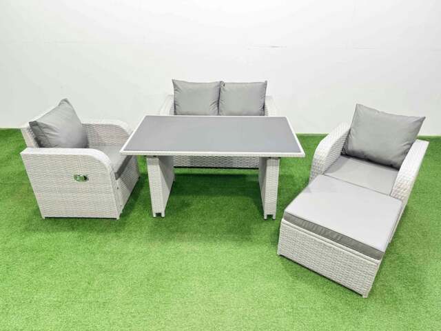 Rackhams Outdoor Rattan Garden Furniture Dining Set 5 seater Patio Rectangular Table Love Sofa Reclining Chair Set with Big Stool - image 1