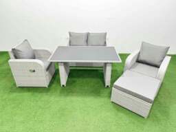 Rackhams Outdoor Rattan Garden Furniture Dining Set 5 seater Patio Rectangular Table Love Sofa Reclining Chair Set with Big Stool - thumbnail 1
