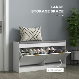 Rackhams Shoe Bench with 2 Flip Drawers, Cushion, 8 Pairs for Entryway White - thumbnail 5