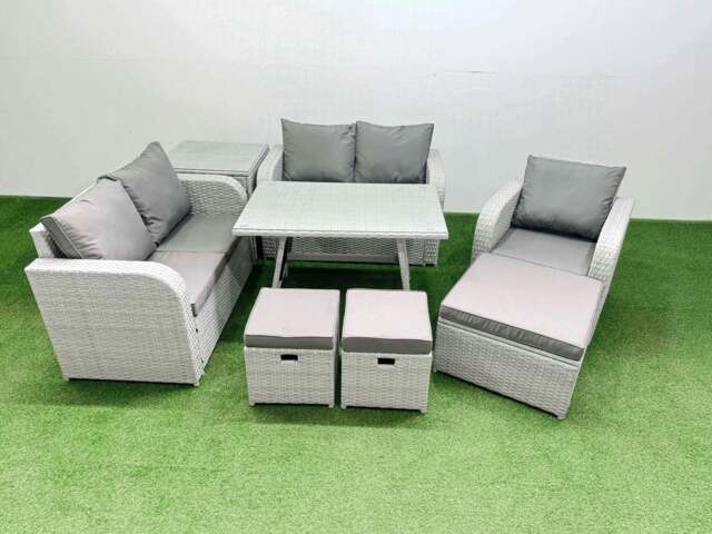 Rackhams 8 Seater Outdoor Rattan Garden Furniture Set Love Sofa Reclining Chair Set with Rectangular Dining Table Side Table 3 Footstools Light Grey - image 1
