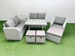 Rackhams 8 Seater Outdoor Rattan Garden Furniture Set Love Sofa Reclining Chair Set with Rectangular Dining Table Side Table 3 Footstools Light Grey - thumbnail 1