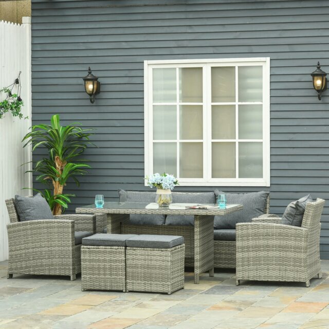 Rackhams 6Pcs Rattan Sofa Set Coffee Table Footstool Outdoor - Grey - PE rattan, polyester - 182cm x 72cm x 78 cm - image 1