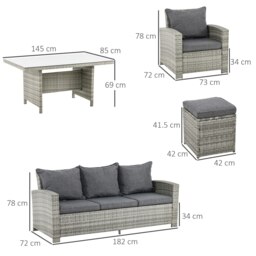 Rackhams 6Pcs Rattan Sofa Set Coffee Table Footstool Outdoor - Grey - PE rattan, polyester - 182cm x 72cm x 78 cm - thumbnail 5