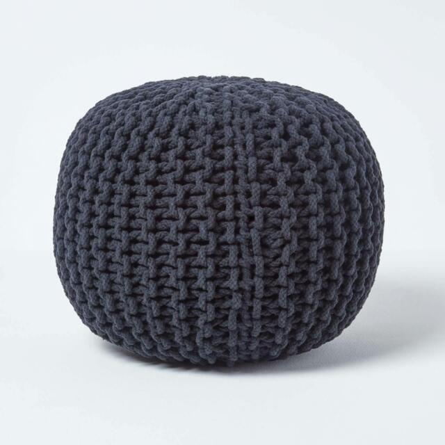 Rackhams Round Cotton Knitted Pouffe Footstool Bean Filled Hand Knitted - Black - image 1