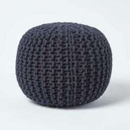 Rackhams Round Cotton Knitted Pouffe Footstool Bean Filled Hand Knitted - Black - thumbnail 1