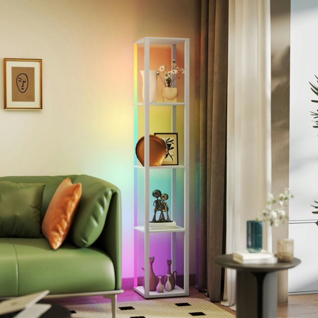 Rackhams RGB LED Floor Lamp with Shelves and Remote Control for Bedroom, Oak - White - image 1