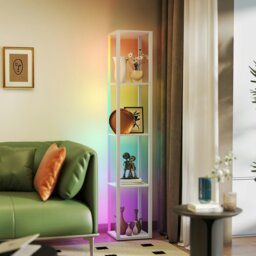Rackhams RGB LED Floor Lamp with Shelves and Remote Control for Bedroom, Oak - White - thumbnail 3