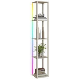 Rackhams RGB LED Floor Lamp with Shelves and Remote Control for Bedroom, Oak - White - thumbnail 2