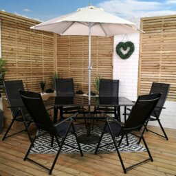 Rackhams Outdoor 6 Person Rectangular Glass Top Garden Patio Dining Table Chairs With Cream Parasol and Base Set - Outdoor Furniture Sets - thumbnail 2