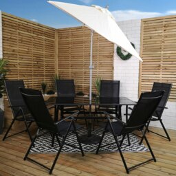 Rackhams Outdoor 6 Person Rectangular Glass Top Garden Patio Dining Table Chairs With Cream Parasol and Base Set - Outdoor Furniture Sets - thumbnail 3