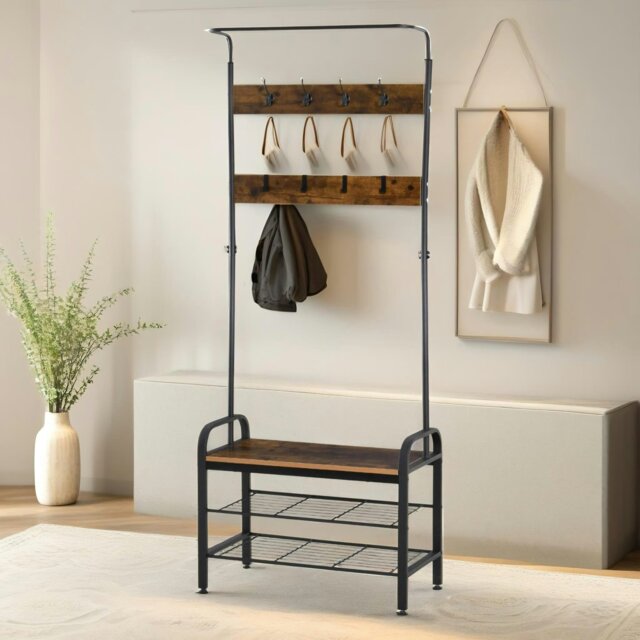 Rackhams Industrial Hall Tree Coat Rack Stand With Shoe Storage Brown - image 1