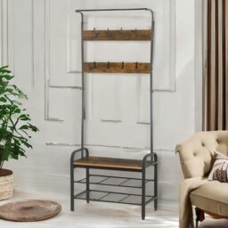 Rackhams Industrial Hall Tree Coat Rack Stand With Shoe Storage Brown - thumbnail 4