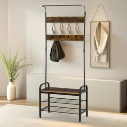 Rackhams Industrial Hall Tree Coat Rack Stand With Shoe Storage Brown