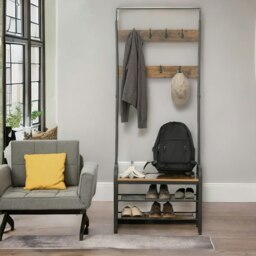 Rackhams Industrial Hall Tree Coat Rack Stand With Shoe Storage Brown - thumbnail 2