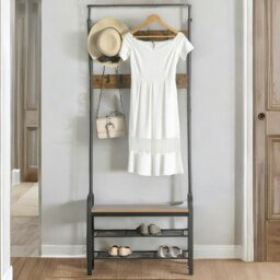 Rackhams Industrial Hall Tree Coat Rack Stand With Shoe Storage Brown - thumbnail 3