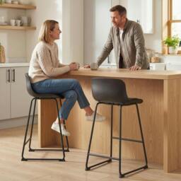 Rackhams Modern Bar Stools Set of 2, PU Leather Upholstered Barstools, Black - PU leather, metal - Black - 2