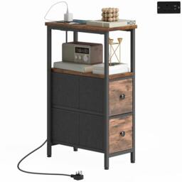 Rackhams Side Table, Narrow Bedside Table with Charging Station, 2 Drawers - 20W x 40D cm - Particle board, Steel, Non-woven fabric - Side Table - thumbnail 3