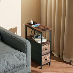 Rackhams Side Table, Narrow Bedside Table with Charging Station, 2 Drawers - 20W x 40D cm - Particle board, Steel, Non-woven fabric - Side Table - thumbnail 1