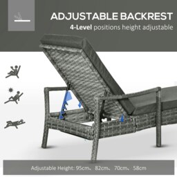 Rackhams Patio Dual Rattan Wicker Sun Lounger w/ 4-Level Adjustable Headrest - thumbnail 4