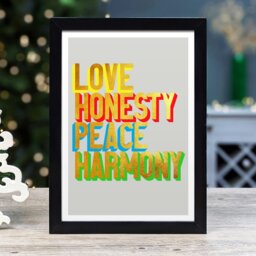 Rackhams Love Honesty Peace Harmony golden words art print - Black frame - thumbnail 1