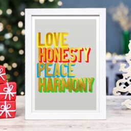 Rackhams Love Honesty Peace Harmony golden words art print - Black frame - thumbnail 2