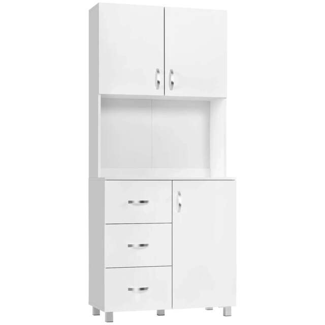 Rackhams 183.5cm Free standing Kitchen Cupboard, Storage Cabinet with Doors and Sheleves, 3 drawers and Open Space, Adjustable Height Storage Unit, White - White - image 1