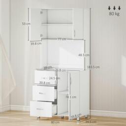 Rackhams 183.5cm Free standing Kitchen Cupboard, Storage Cabinet with Doors and Sheleves, 3 drawers and Open Space, Adjustable Height Storage Unit, White - White - thumbnail 3